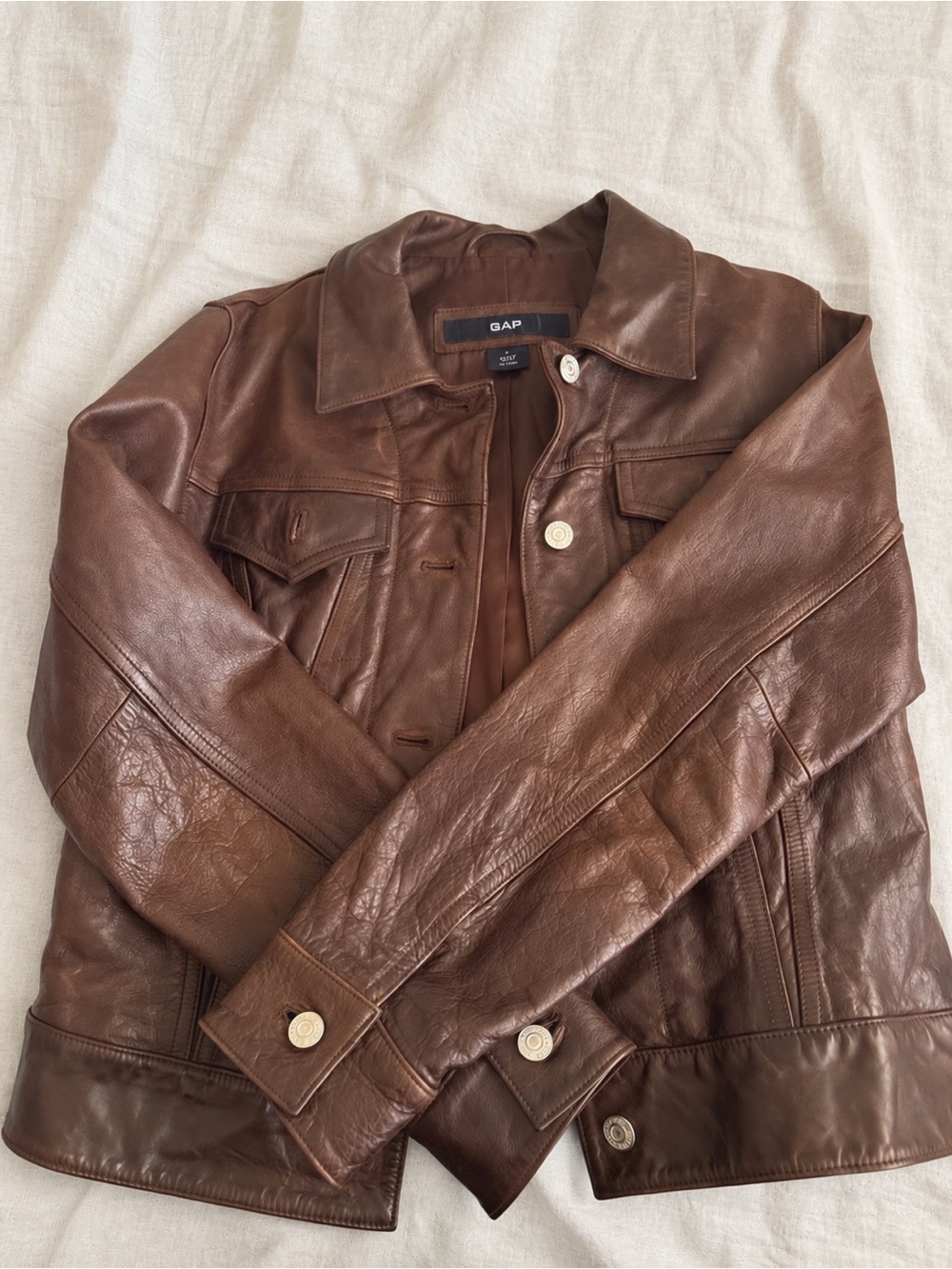Y2K GAP Brown Leather Trucker Jacket Western Button Front Size S